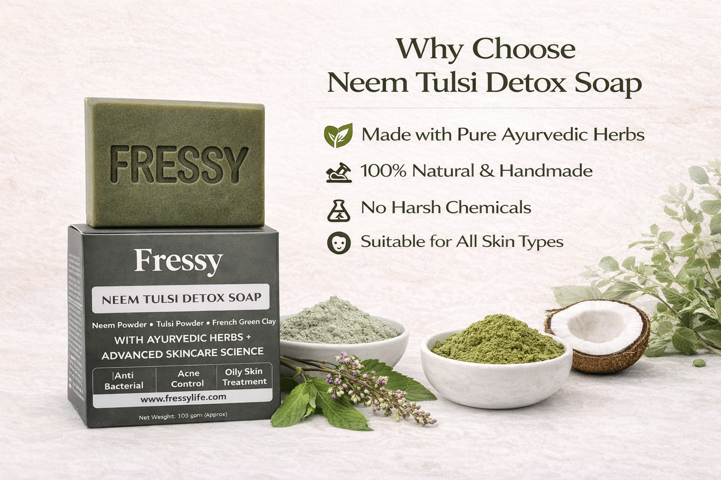 Fressy Neem Tulsi Detox Soap – Anti-Bacterial Ayurvedic Bathing Bar with Neem Powder, Tulsi & French Green Clay | Acne Control & Oily Skin Treatment | 100g