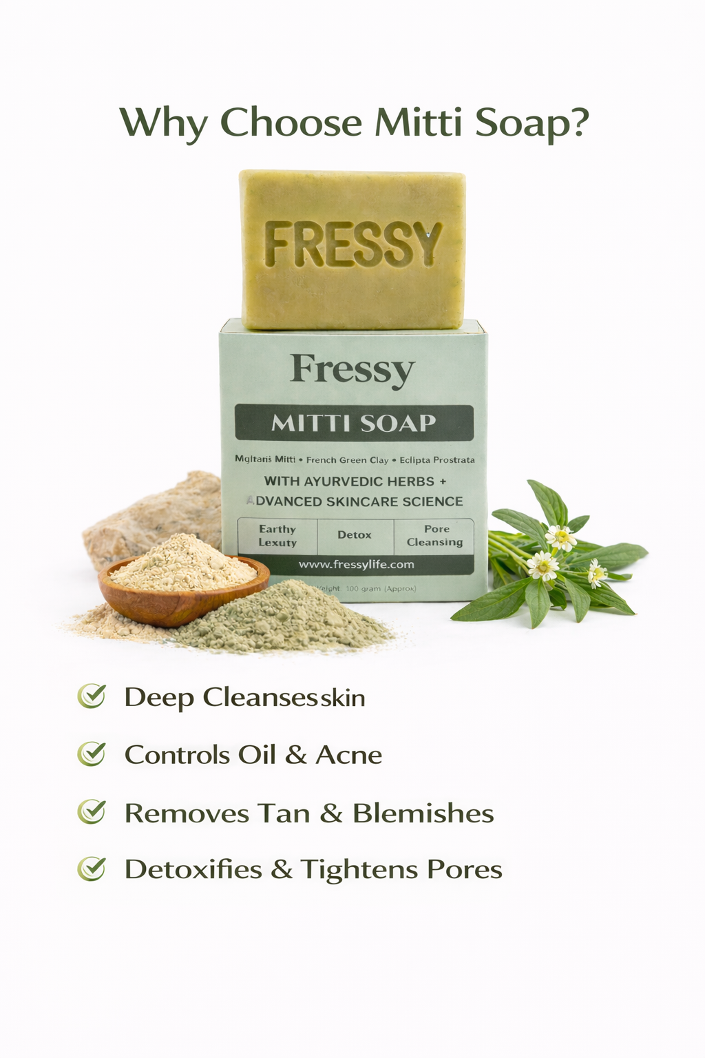 Fressy Mitti Soap – Multani Mitti & French Green Clay Detox Bathing Bar | Deep Pore Cleansing & Oil-Control Soap | 100g