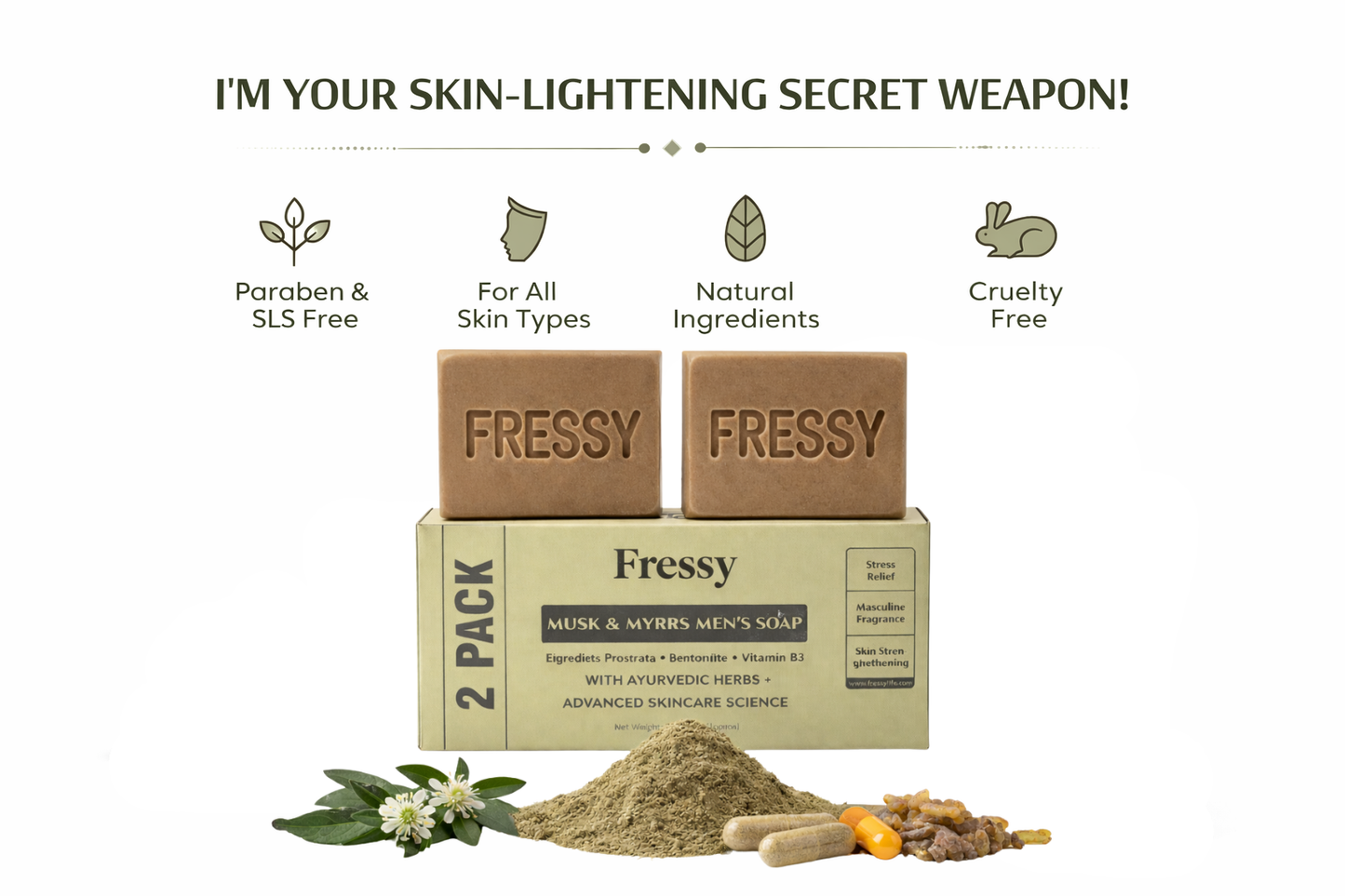 Fressy Musk & Myrrs Men's Soap – Masculine Fragrance Bathing Bar with Bentonite, Vitamin B3 & Ayurvedic Herbs | Stress Relief & Skin Strengthening | 100g