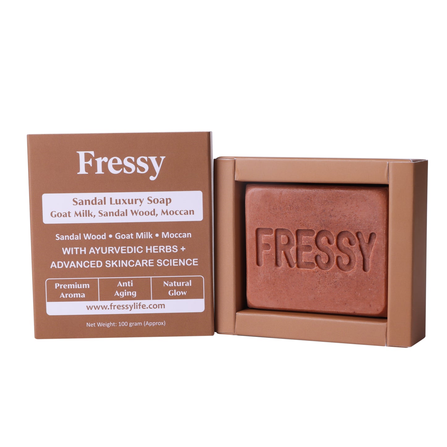 Fressy Sandal Luxury Soap – Goat Milk, Sandalwood & Moccan | Premium Aroma, Anti-Aging & Natural Glow Herbal Bathing Bar | 100g