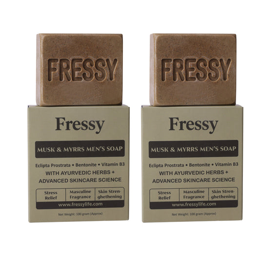 Fressy Musk & Myrrs Men's Soap – Masculine Fragrance Bathing Bar with Bentonite, Vitamin B3 & Ayurvedic Herbs | Stress Relief & Skin Strengthening | 100g