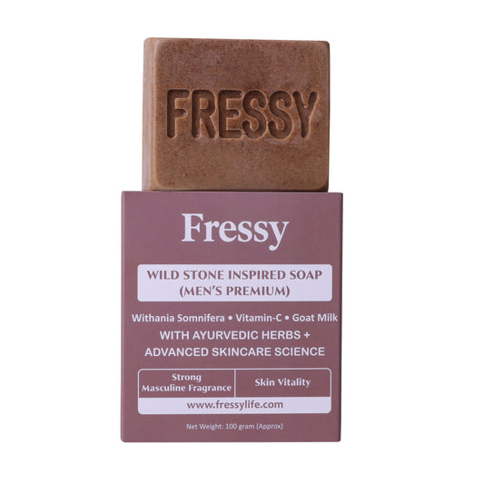 Fressy Wild Stone Inspired Men’s Soap – Strong Masculine Fragrance with Withania Somnifera, Vitamin C & Goat Milk | Skin Vitality & Deep Cleansing Bathing Bar | 100g