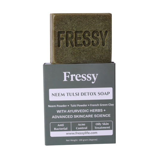 Fressy Neem Tulsi Detox Soap – Anti-Bacterial Ayurvedic Bathing Bar with Neem Powder, Tulsi & French Green Clay | Acne Control & Oily Skin Treatment | 100g