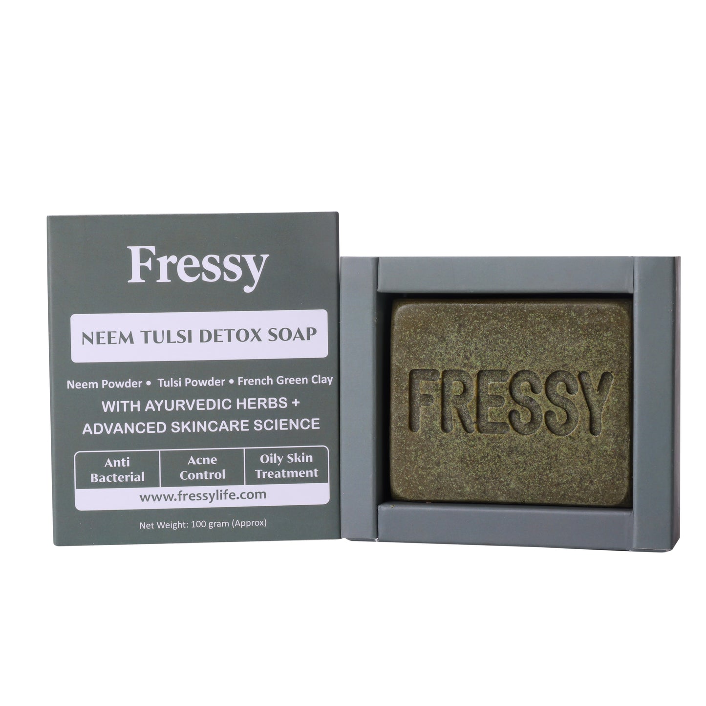 Fressy Neem Tulsi Detox Soap – Anti-Bacterial Ayurvedic Bathing Bar with Neem Powder, Tulsi & French Green Clay | Acne Control & Oily Skin Treatment | 100g