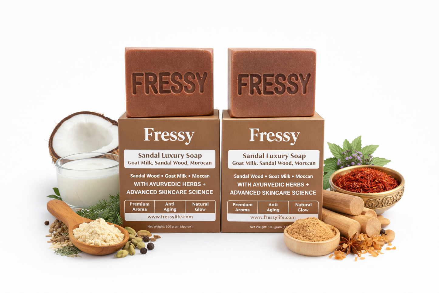 Fressy Sandal Luxury Soap – Goat Milk, Sandalwood & Moccan | Premium Aroma, Anti-Aging & Natural Glow Herbal Bathing Bar | 100g