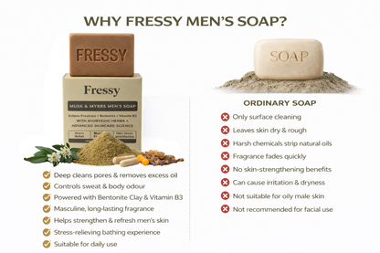 Fressy Musk & Myrrs Men's Soap – Masculine Fragrance Bathing Bar with Bentonite, Vitamin B3 & Ayurvedic Herbs | Stress Relief & Skin Strengthening | 100g