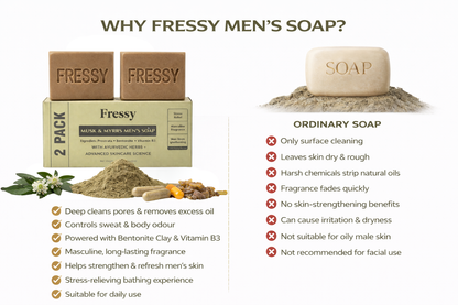 Fressy Musk & Myrrs Men's Soap – Masculine Fragrance Bathing Bar with Bentonite, Vitamin B3 & Ayurvedic Herbs | Stress Relief & Skin Strengthening | 100g