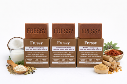 Fressy Sandal Luxury Soap – Goat Milk, Sandalwood & Moccan | Premium Aroma, Anti-Aging & Natural Glow Herbal Bathing Bar | 100g