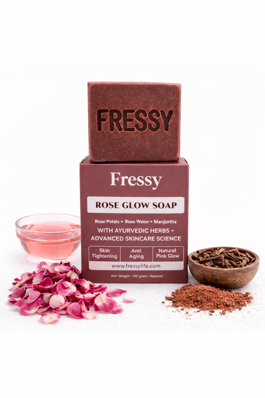 Fressy Rose Glow Soap – Ayurvedic Herbal Bathing Bar with Rose Petals & Manjishtha | Skin Brightening, Anti-Aging & Natural Pink Glow | 100g
