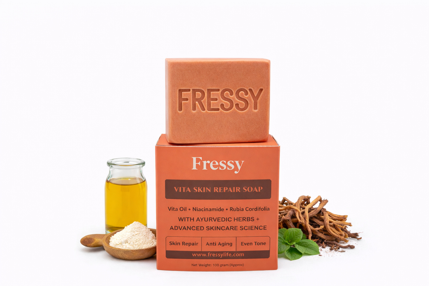 Fressy Vita Skin Repair Soap – Vita Oil, Niacinamide & Rubia Cordifolia | Skin Repair, Anti-Aging & Even Tone Herbal Bathing Bar | 100g