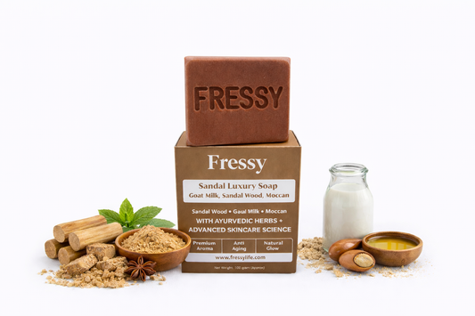 Fressy Sandal Luxury Soap – Goat Milk, Sandalwood & Moccan | Premium Aroma, Anti-Aging & Natural Glow Herbal Bathing Bar | 100g