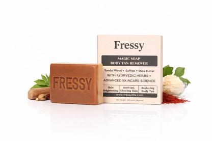 Fressy Magic Soap – Body Tan Remover with Sandalwood, Saffron & Shea Butter | Skin Brightening & Anti-Tan Herbal Bathing Bar | 200g
