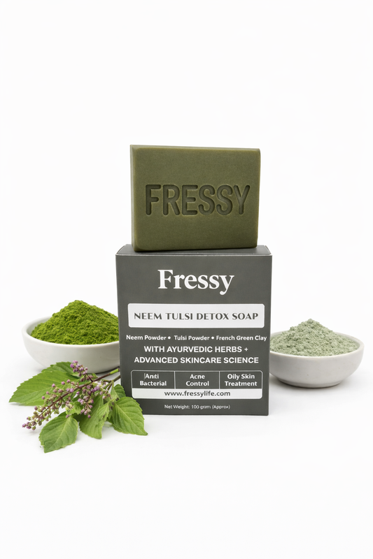 Fressy Neem Tulsi Detox Soap – Anti-Bacterial Ayurvedic Bathing Bar with Neem Powder, Tulsi & French Green Clay | Acne Control & Oily Skin Treatment | 100g