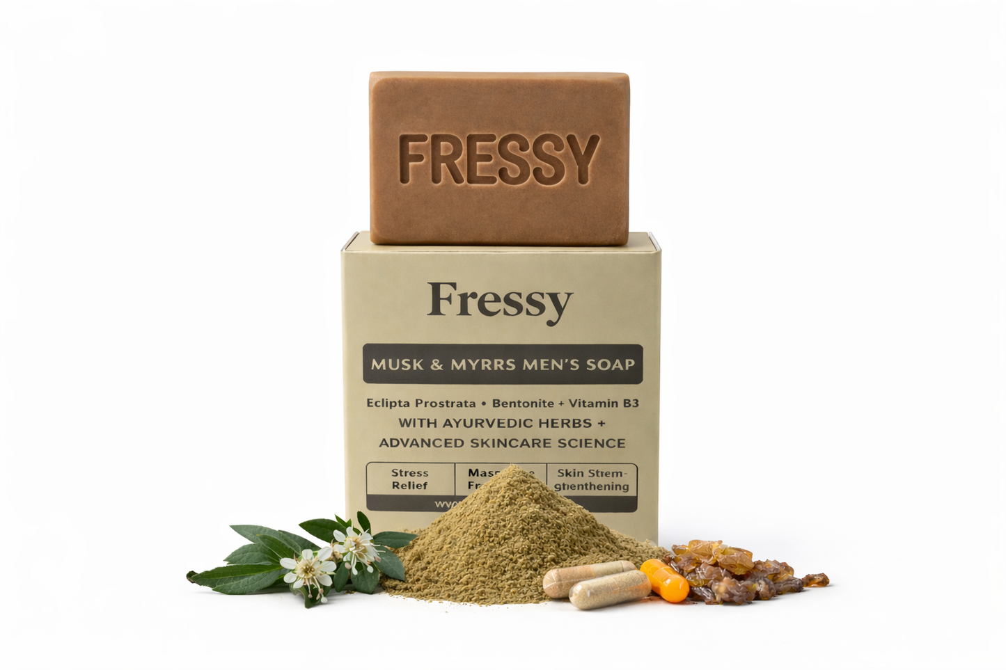 Fressy Musk & Myrrs Men's Soap – Masculine Fragrance Bathing Bar with Bentonite, Vitamin B3 & Ayurvedic Herbs | Stress Relief & Skin Strengthening | 100g