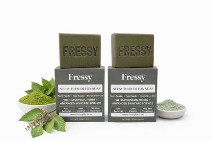 Fressy Neem Tulsi Detox Soap – Anti-Bacterial Ayurvedic Bathing Bar with Neem Powder, Tulsi & French Green Clay | Acne Control & Oily Skin Treatment | 100g