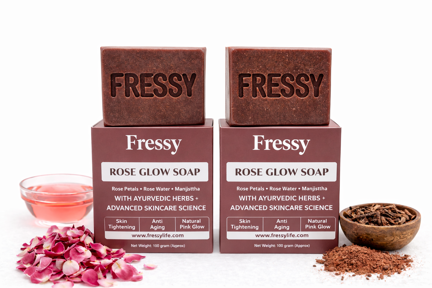 Fressy Rose Glow Soap – Ayurvedic Herbal Bathing Bar with Rose Petals & Manjishtha | Skin Brightening, Anti-Aging & Natural Pink Glow | 100g