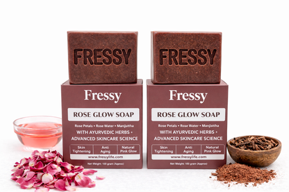 Fressy Rose Glow Soap – Ayurvedic Herbal Bathing Bar with Rose Petals & Manjishtha | Skin Brightening, Anti-Aging & Natural Pink Glow | 100g