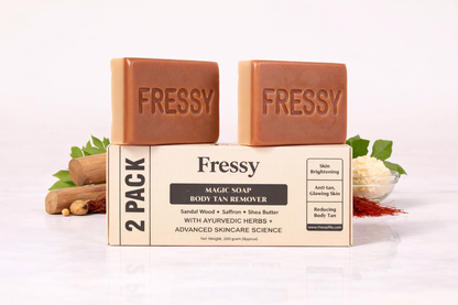 Fressy Magic Soap – Body Tan Remover with Sandalwood, Saffron & Shea Butter | Skin Brightening & Anti-Tan Herbal Bathing Bar | 200g