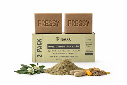 Fressy Musk & Myrrs Men's Soap – Masculine Fragrance Bathing Bar with Bentonite, Vitamin B3 & Ayurvedic Herbs | Stress Relief & Skin Strengthening | 100g