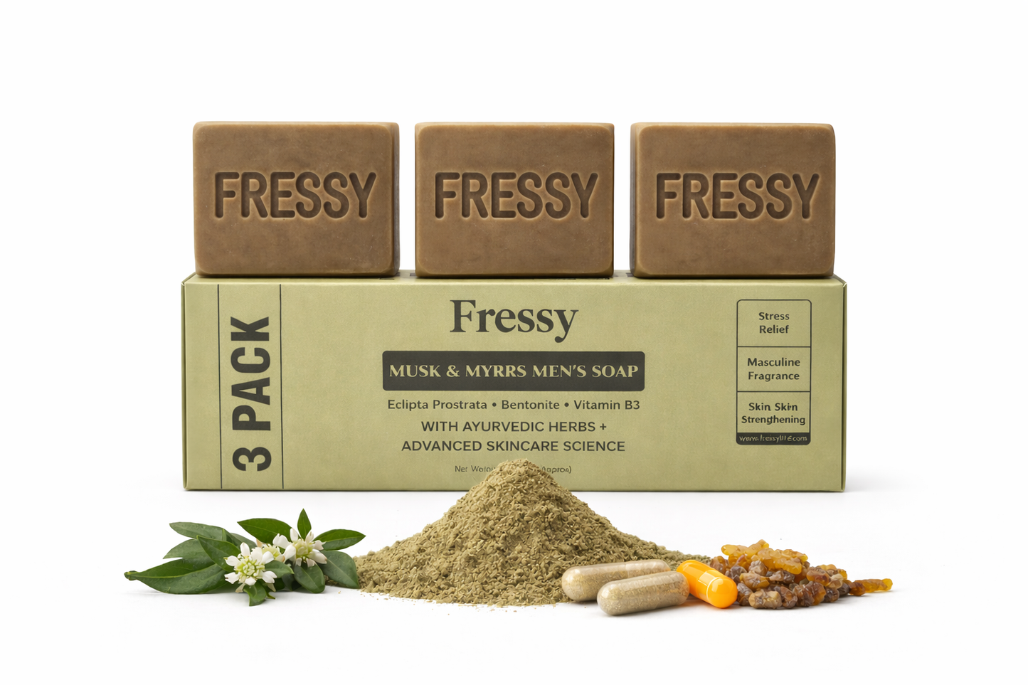 Fressy Musk & Myrrs Men's Soap – Masculine Fragrance Bathing Bar with Bentonite, Vitamin B3 & Ayurvedic Herbs | Stress Relief & Skin Strengthening | 100g