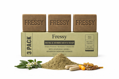 Fressy Musk & Myrrs Men's Soap – Masculine Fragrance Bathing Bar with Bentonite, Vitamin B3 & Ayurvedic Herbs | Stress Relief & Skin Strengthening | 100g