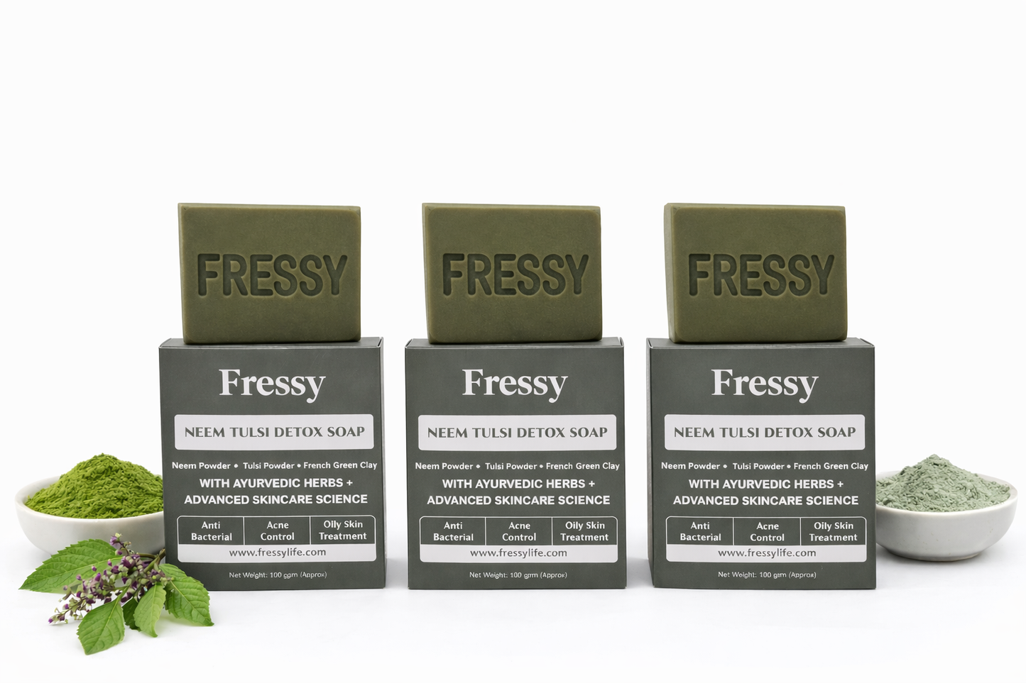 Fressy Neem Tulsi Detox Soap – Anti-Bacterial Ayurvedic Bathing Bar with Neem Powder, Tulsi & French Green Clay | Acne Control & Oily Skin Treatment | 100g