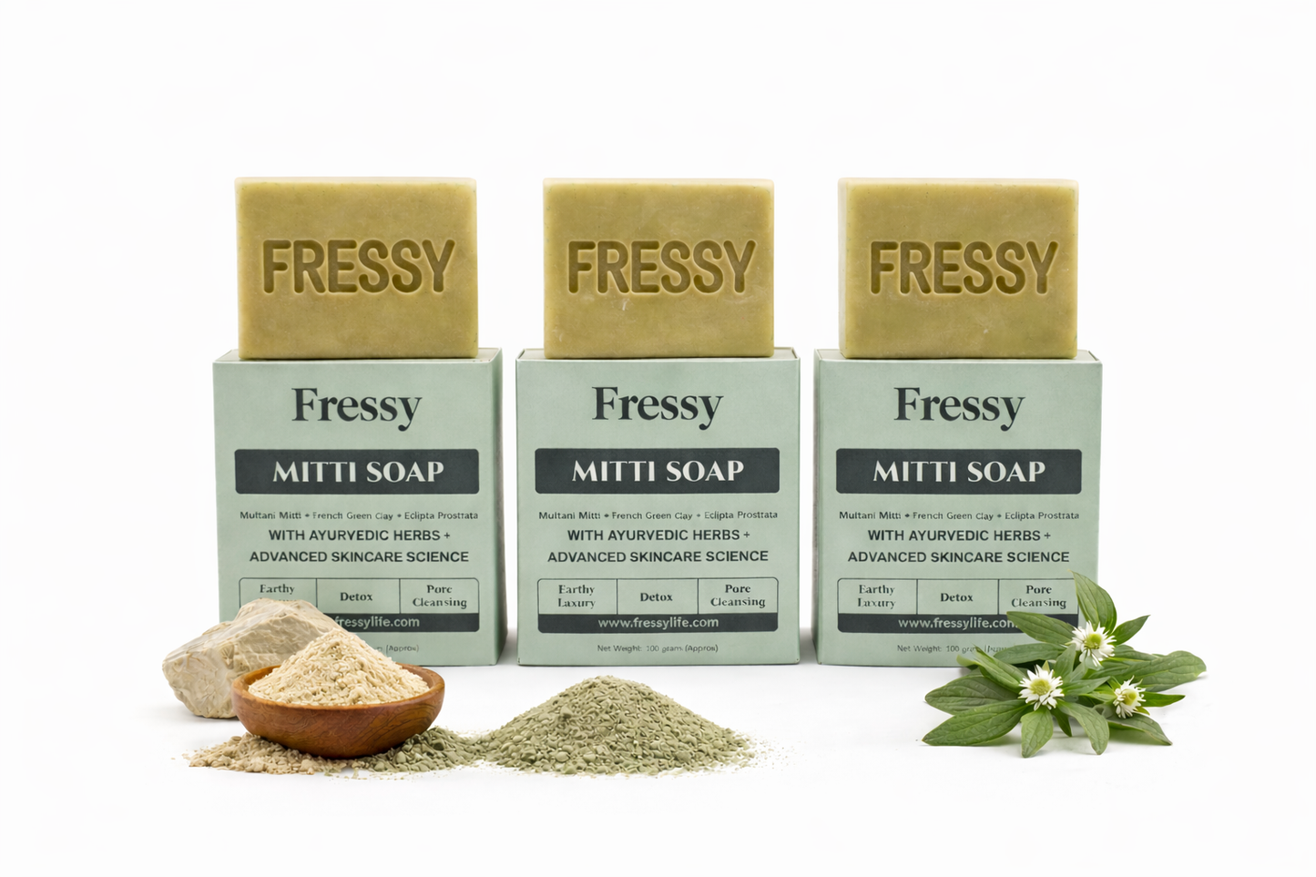 Fressy Mitti Soap – Multani Mitti & French Green Clay Detox Bathing Bar | Deep Pore Cleansing & Oil-Control Soap | 100g
