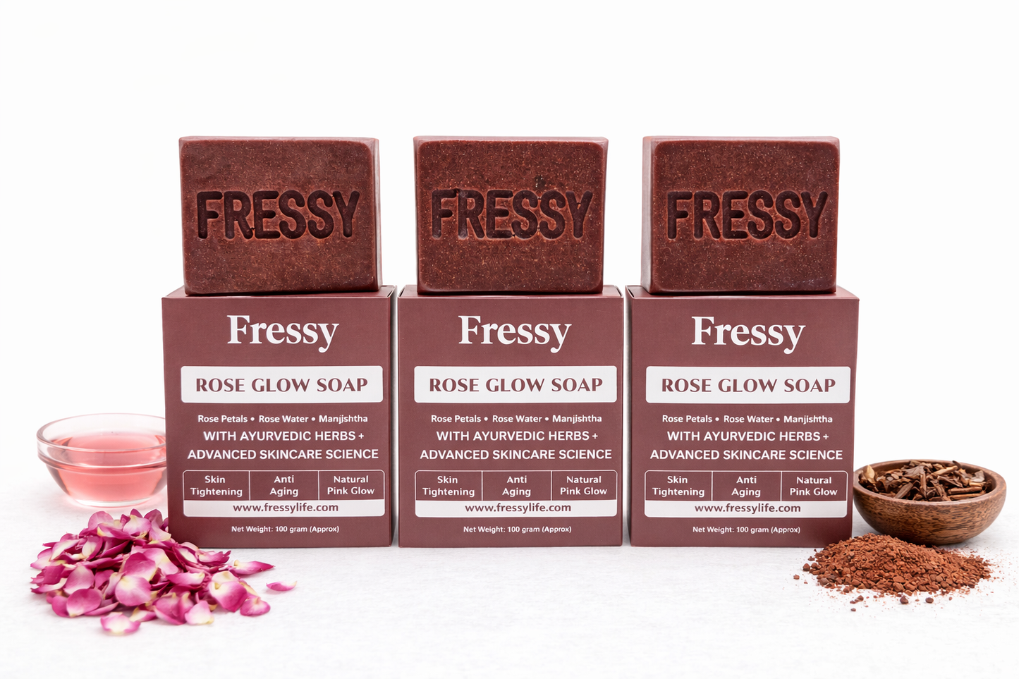 Fressy Rose Glow Soap – Ayurvedic Herbal Bathing Bar with Rose Petals & Manjishtha | Skin Brightening, Anti-Aging & Natural Pink Glow | 100g