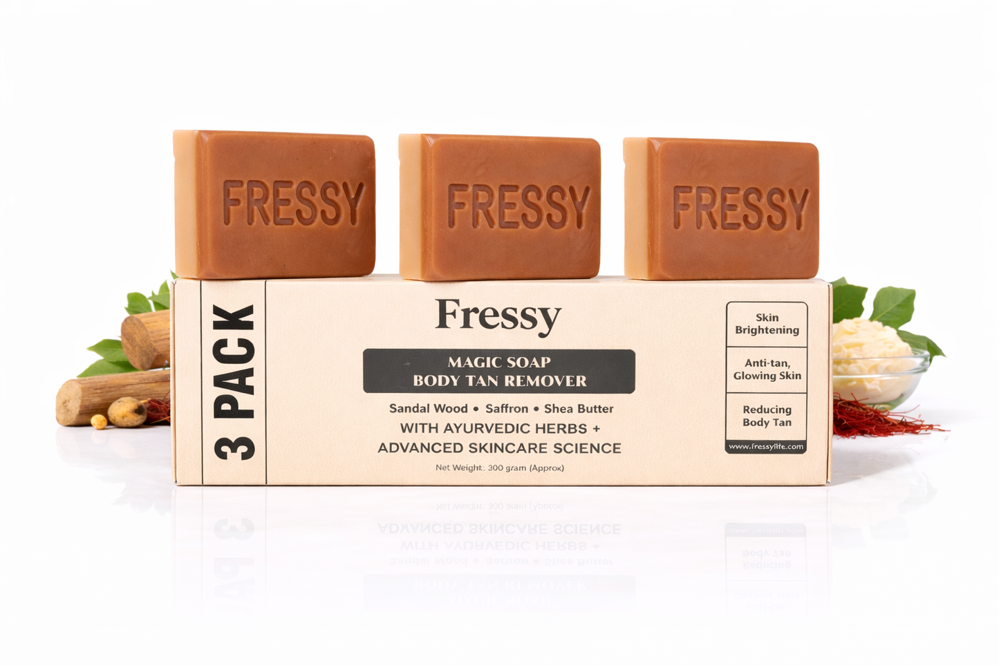 Fressy Magic Soap – Body Tan Remover with Sandalwood, Saffron & Shea Butter | Skin Brightening & Anti-Tan Herbal Bathing Bar | 200g