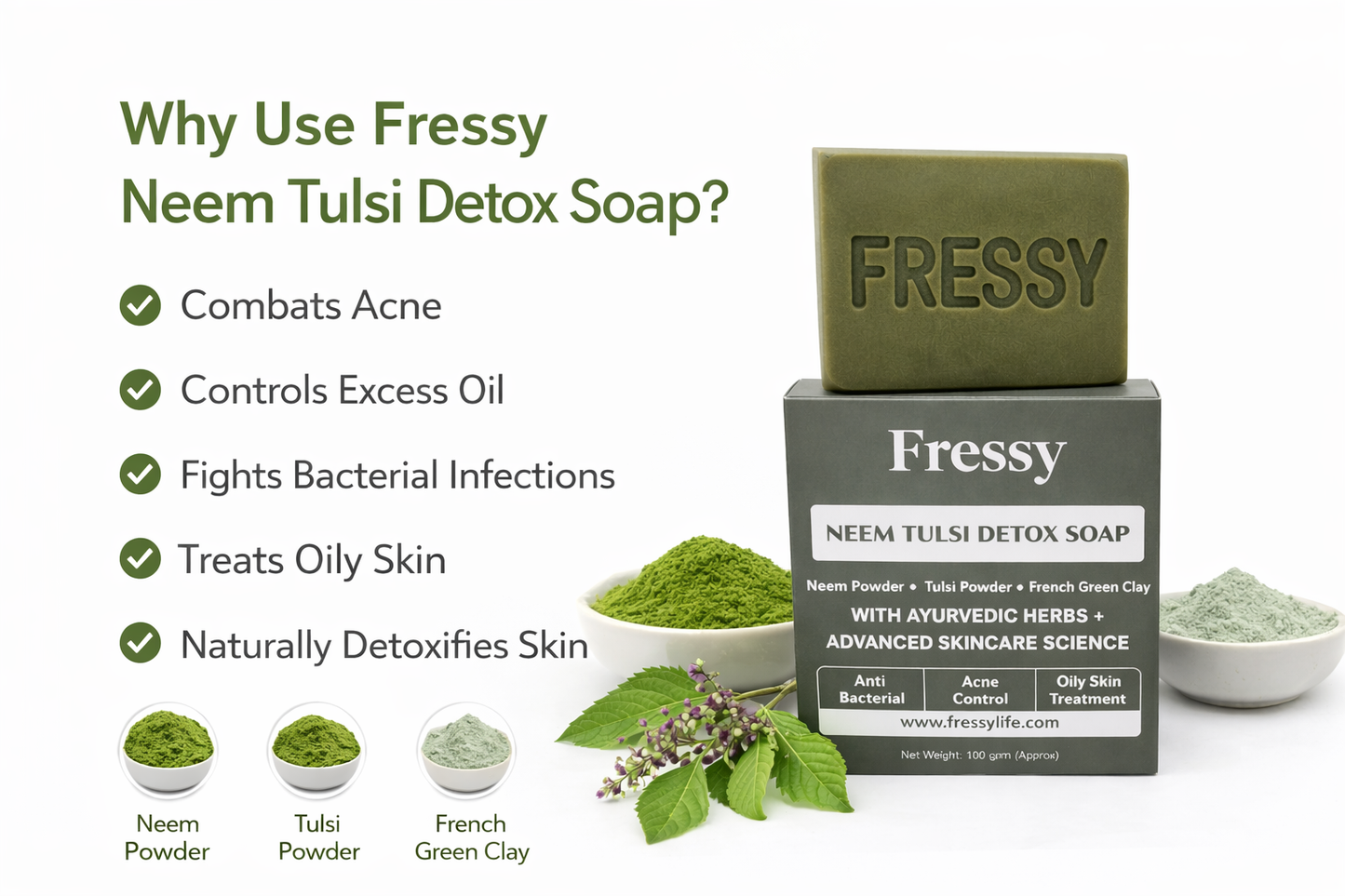 Fressy Neem Tulsi Detox Soap – Anti-Bacterial Ayurvedic Bathing Bar with Neem Powder, Tulsi & French Green Clay | Acne Control & Oily Skin Treatment | 100g