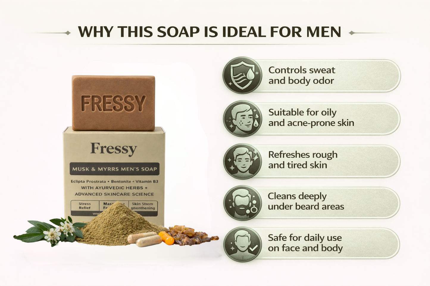 Fressy Musk & Myrrs Men's Soap – Masculine Fragrance Bathing Bar with Bentonite, Vitamin B3 & Ayurvedic Herbs | Stress Relief & Skin Strengthening | 100g