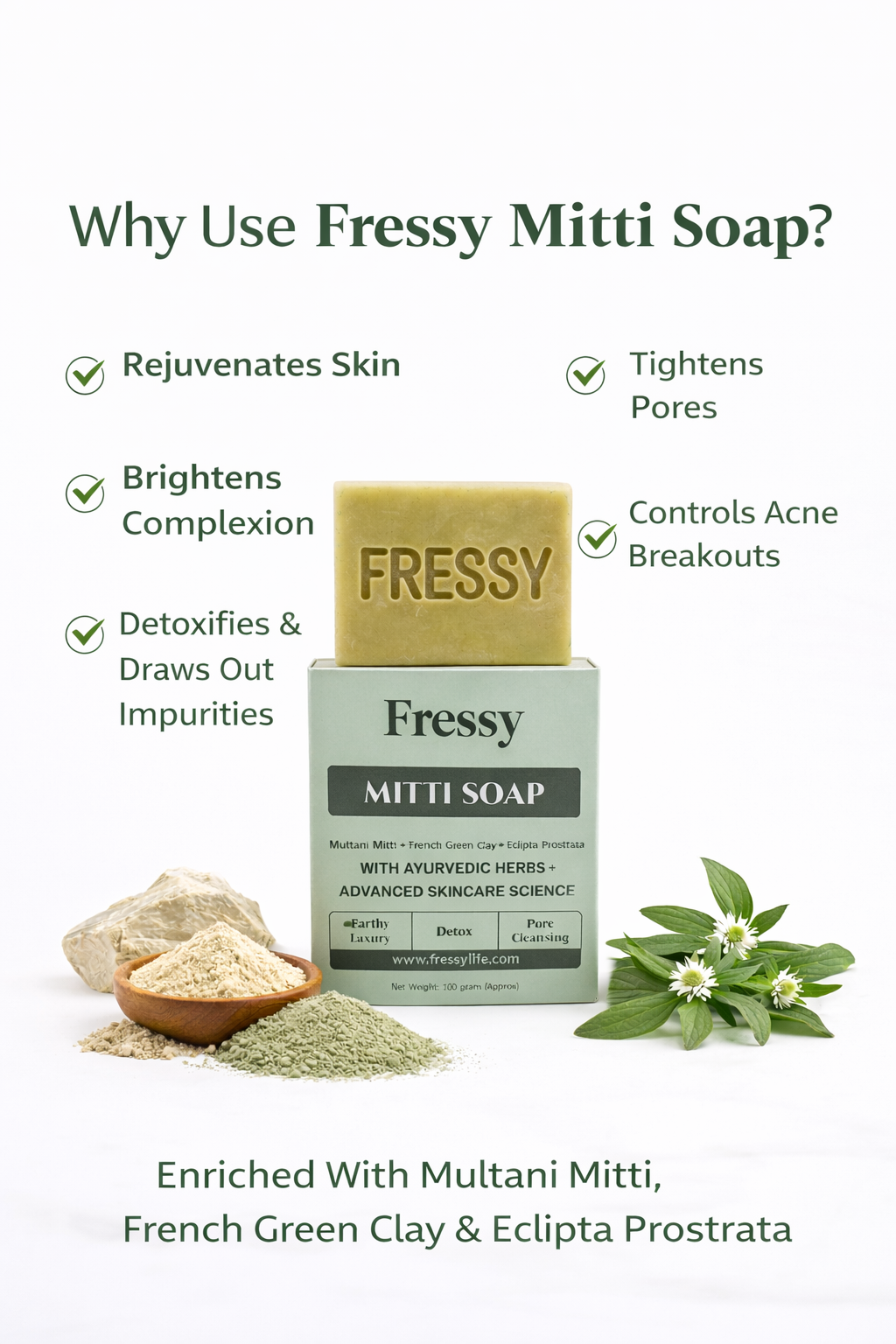 Fressy Mitti Soap – Multani Mitti & French Green Clay Detox Bathing Bar | Deep Pore Cleansing & Oil-Control Soap | 100g