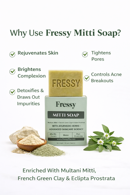 Fressy Mitti Soap – Multani Mitti & French Green Clay Detox Bathing Bar | Deep Pore Cleansing & Oil-Control Soap | 100g