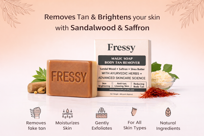 Fressy Magic Soap – Body Tan Remover with Sandalwood, Saffron & Shea Butter | Skin Brightening & Anti-Tan Herbal Bathing Bar | 200g