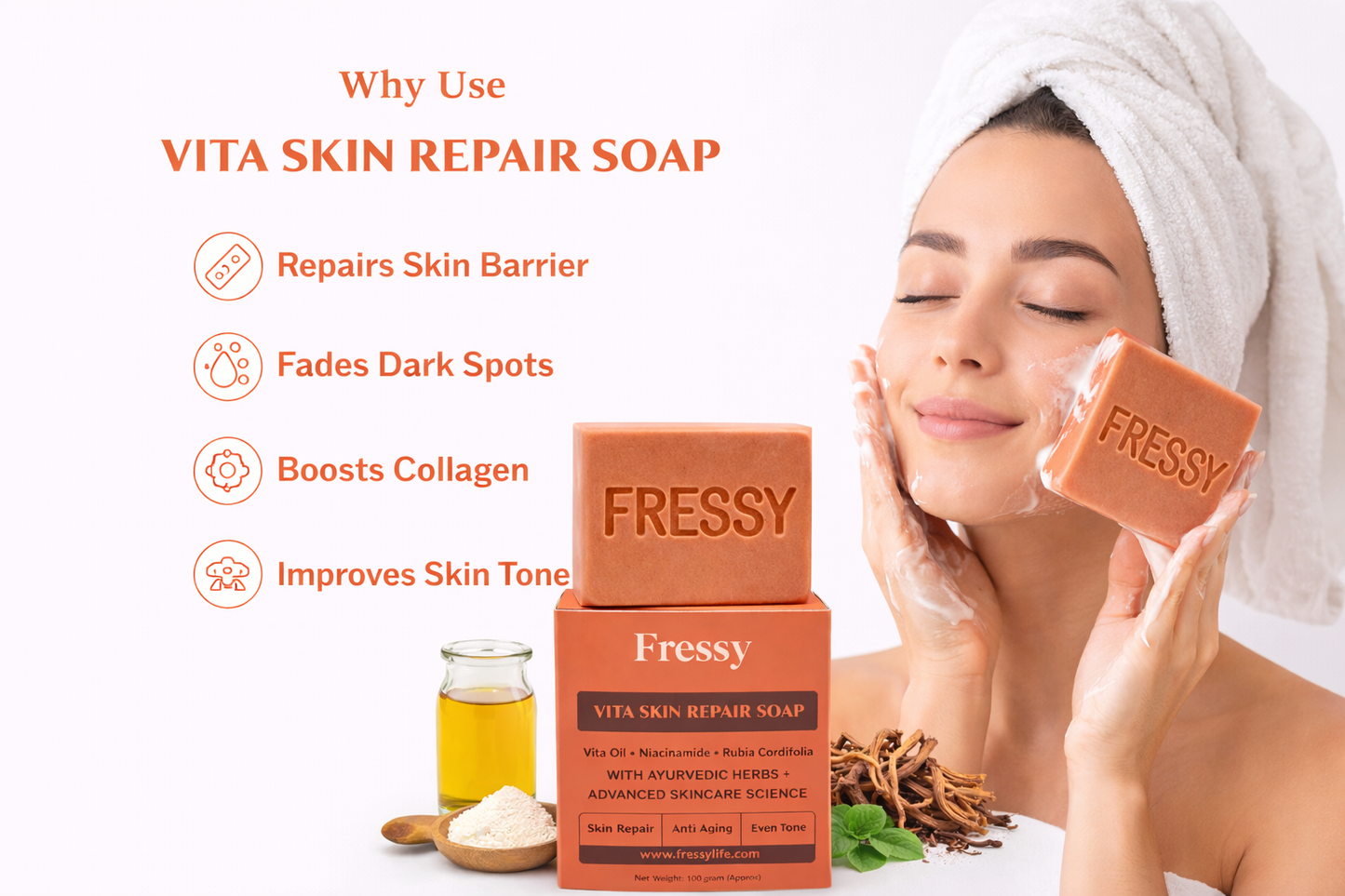 Fressy Vita Skin Repair Soap – Vita Oil, Niacinamide & Rubia Cordifolia | Skin Repair, Anti-Aging & Even Tone Herbal Bathing Bar | 100g