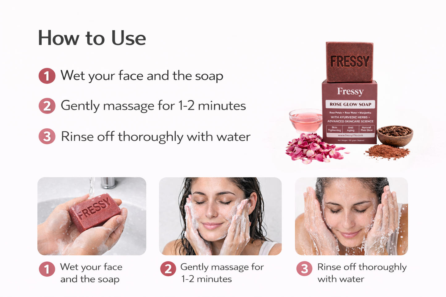 Fressy Rose Glow Soap – Ayurvedic Herbal Bathing Bar with Rose Petals & Manjishtha | Skin Brightening, Anti-Aging & Natural Pink Glow | 100g