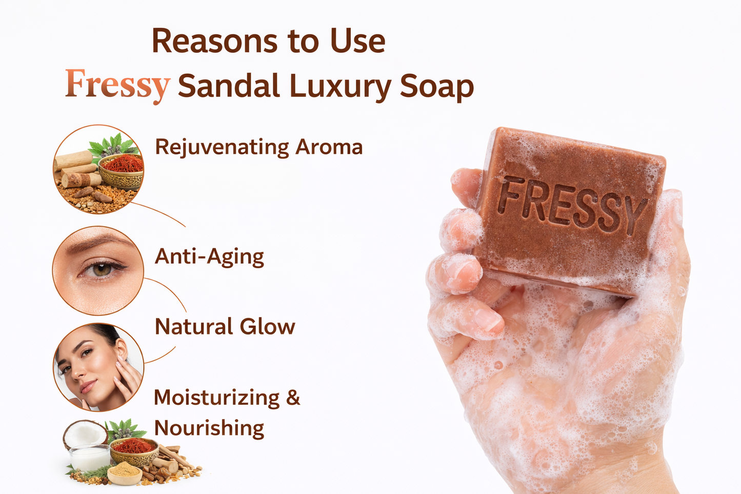 Fressy Sandal Luxury Soap – Goat Milk, Sandalwood & Moccan | Premium Aroma, Anti-Aging & Natural Glow Herbal Bathing Bar | 100g