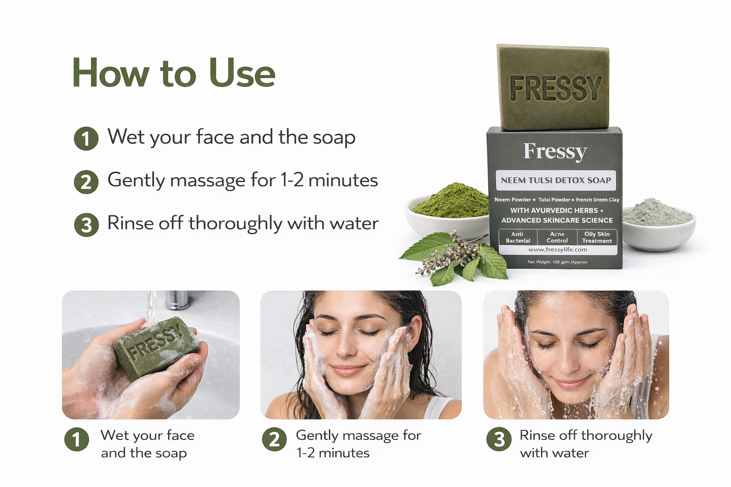 Fressy Neem Tulsi Detox Soap – Anti-Bacterial Ayurvedic Bathing Bar with Neem Powder, Tulsi & French Green Clay | Acne Control & Oily Skin Treatment | 100g