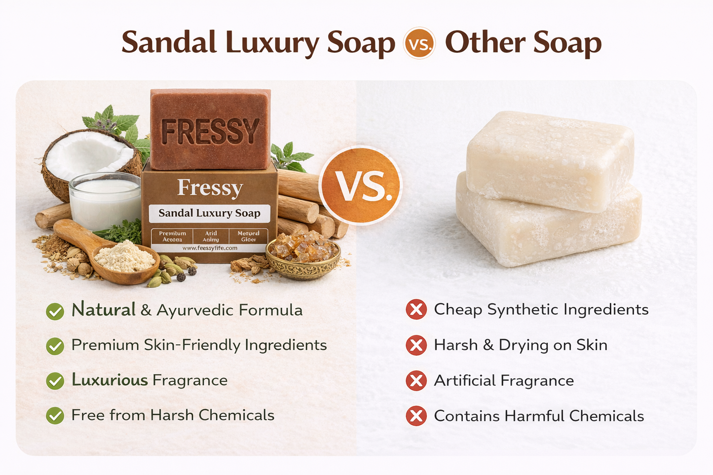 Fressy Sandal Luxury Soap – Goat Milk, Sandalwood & Moccan | Premium Aroma, Anti-Aging & Natural Glow Herbal Bathing Bar | 100g