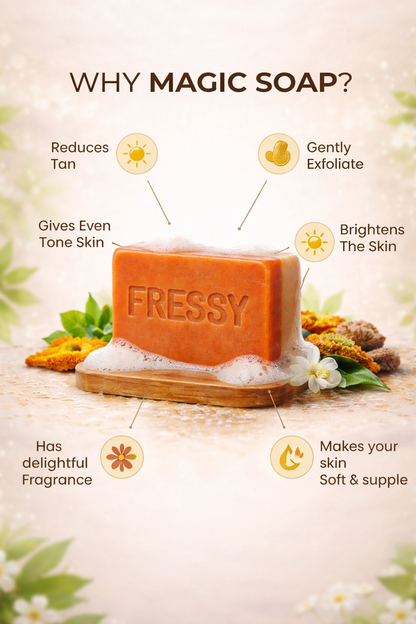 Fressy Magic Soap – Body Tan Remover with Sandalwood, Saffron & Shea Butter | Skin Brightening & Anti-Tan Herbal Bathing Bar | 200g