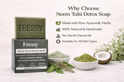 Fressy Neem Tulsi Detox Soap – Anti-Bacterial Ayurvedic Bathing Bar with Neem Powder, Tulsi & French Green Clay | Acne Control & Oily Skin Treatment | 100g