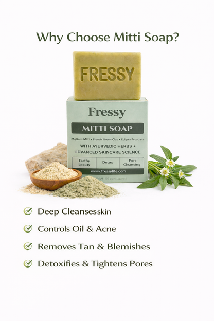 Fressy Mitti Soap – Multani Mitti & French Green Clay Detox Bathing Bar | Deep Pore Cleansing & Oil-Control Soap | 100g