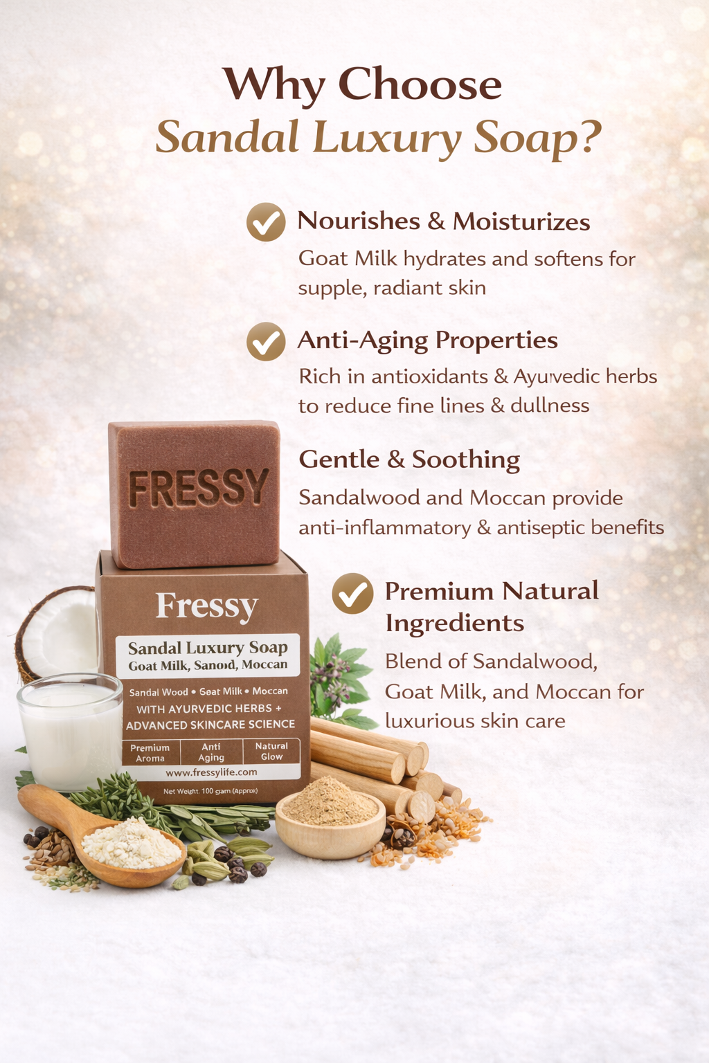 Fressy Sandal Luxury Soap – Goat Milk, Sandalwood & Moccan | Premium Aroma, Anti-Aging & Natural Glow Herbal Bathing Bar | 100g