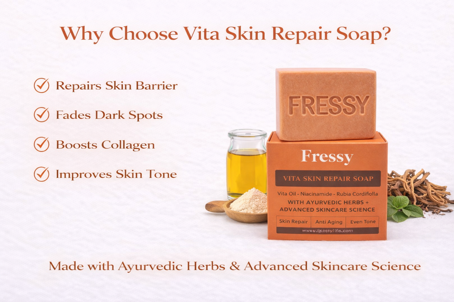 Fressy Vita Skin Repair Soap – Vita Oil, Niacinamide & Rubia Cordifolia | Skin Repair, Anti-Aging & Even Tone Herbal Bathing Bar | 100g