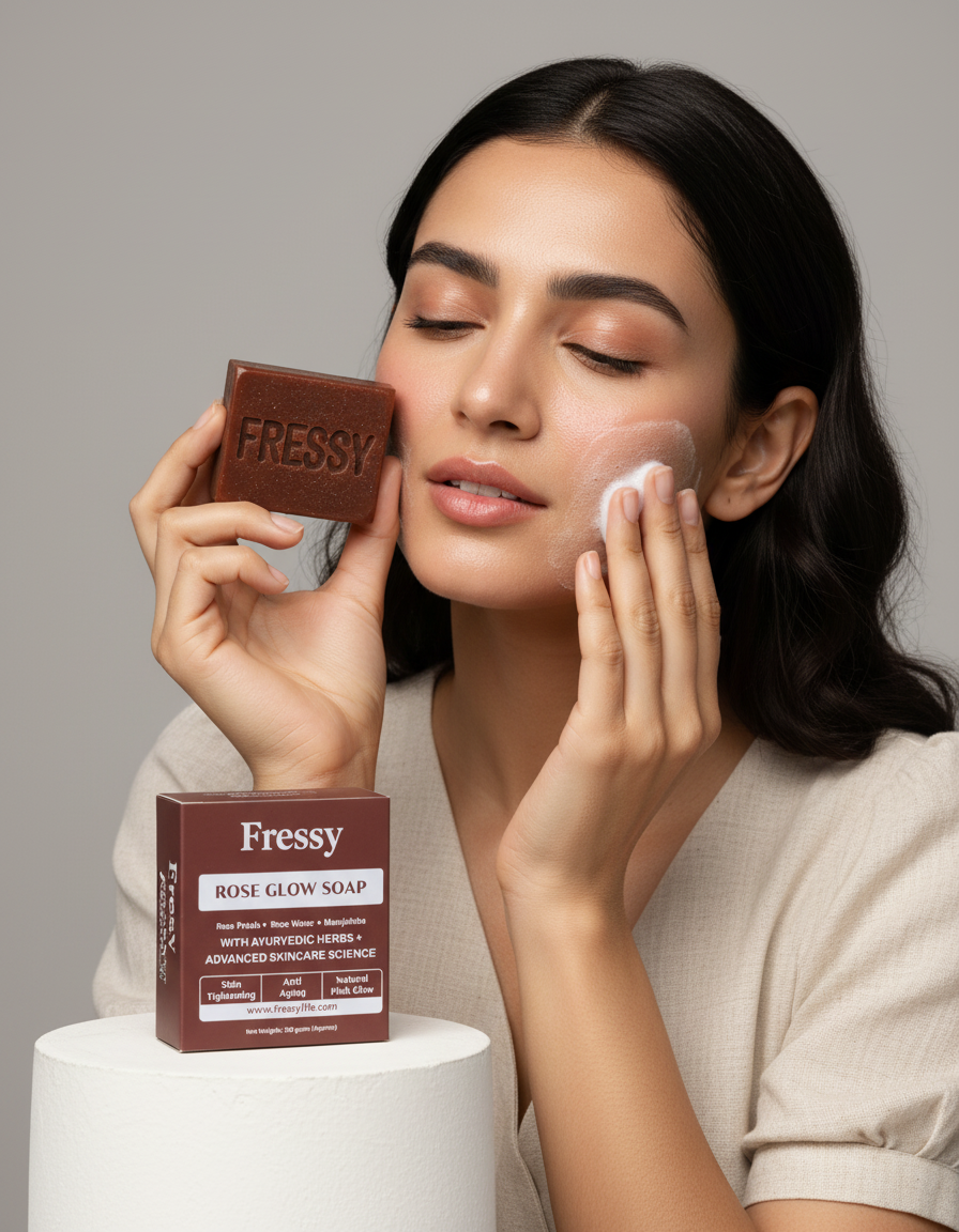 Fressy Rose Glow Soap – Ayurvedic Herbal Bathing Bar with Rose Petals & Manjishtha | Skin Brightening, Anti-Aging & Natural Pink Glow | 100g