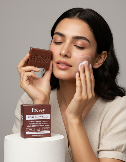 Fressy Rose Glow Soap – Ayurvedic Herbal Bathing Bar with Rose Petals & Manjishtha | Skin Brightening, Anti-Aging & Natural Pink Glow | 100g