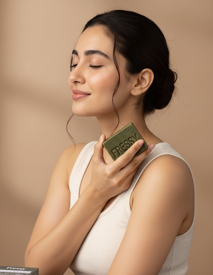 Fressy Neem Tulsi Detox Soap – Anti-Bacterial Ayurvedic Bathing Bar with Neem Powder, Tulsi & French Green Clay | Acne Control & Oily Skin Treatment | 100g