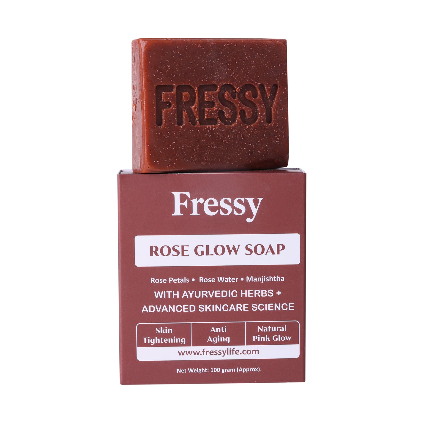 Fressy Rose Glow Soap – Ayurvedic Herbal Bathing Bar with Rose Petals & Manjishtha | Skin Brightening, Anti-Aging & Natural Pink Glow | 100g
