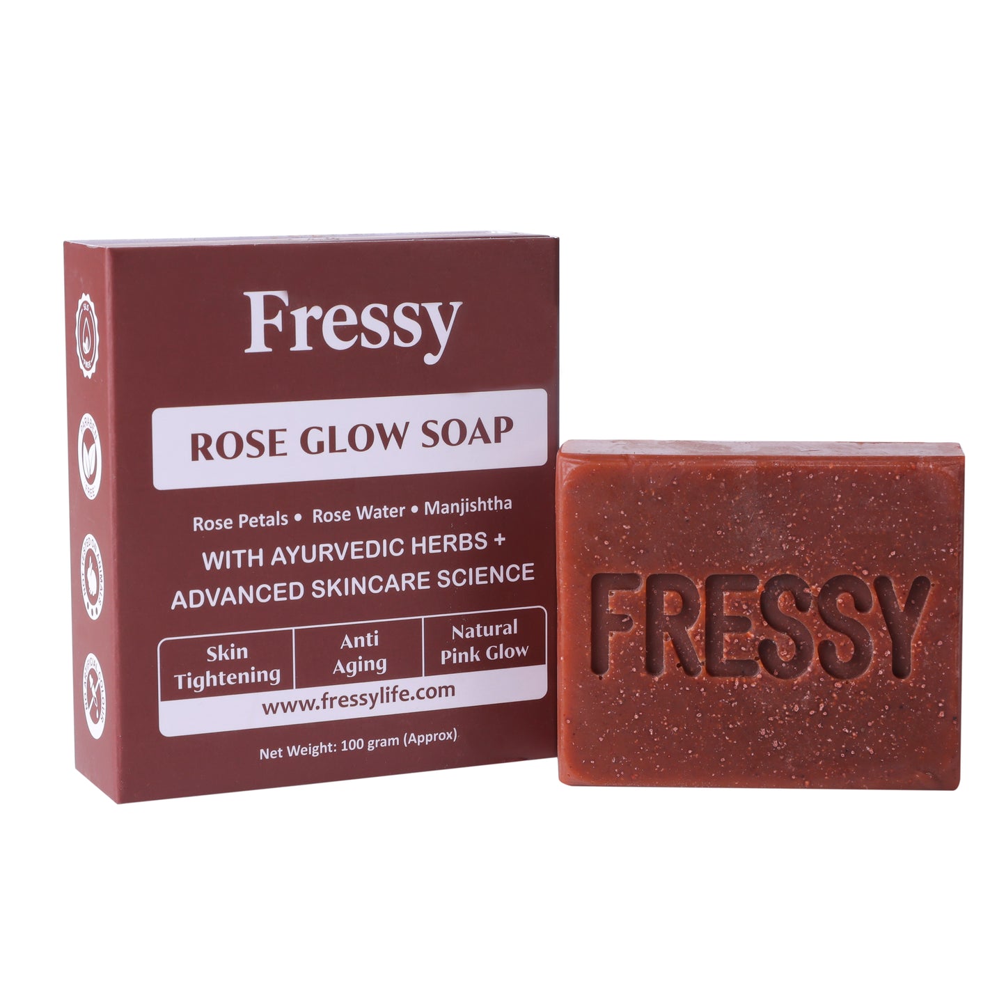 Fressy Rose Glow Soap – Ayurvedic Herbal Bathing Bar with Rose Petals & Manjishtha | Skin Brightening, Anti-Aging & Natural Pink Glow | 100g