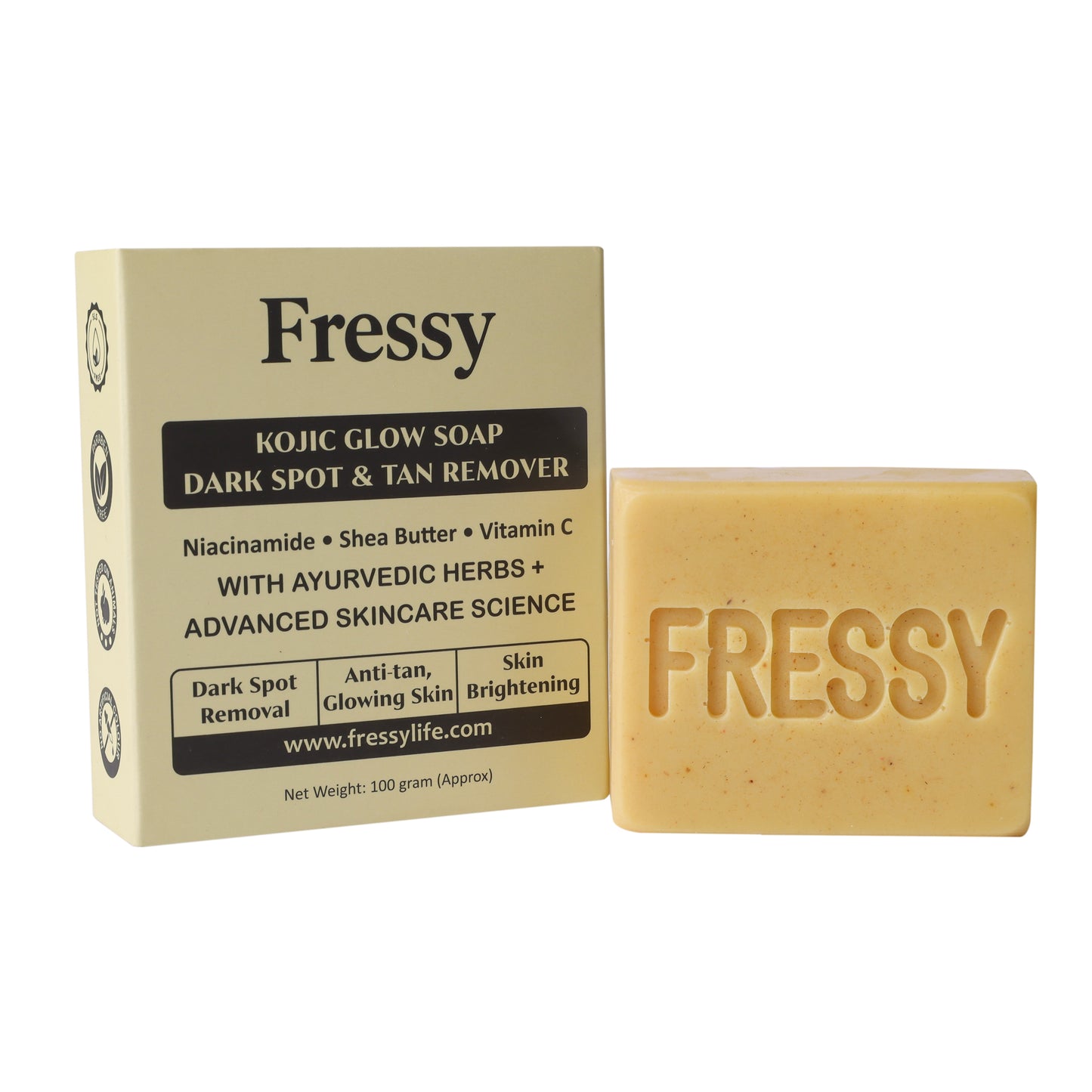 Fressy Kojic Glow Soap – Dark Spot & Tan Remover | Kojic Acid, Niacinamide, Vitamin C & Shea Butter | Skin Brightening & Anti-Tan Soap | 100g